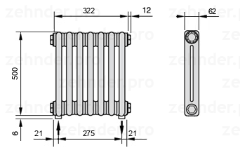 Схема (чертеж) Радиатор Zehnder Charleston 2050/7 №3570 Белый глянцевый RAL 9016
